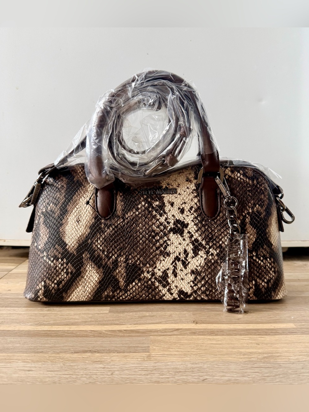 Steve Madden BSmyth Chocolate Brown Snake Print Satchel Handbag NWOT